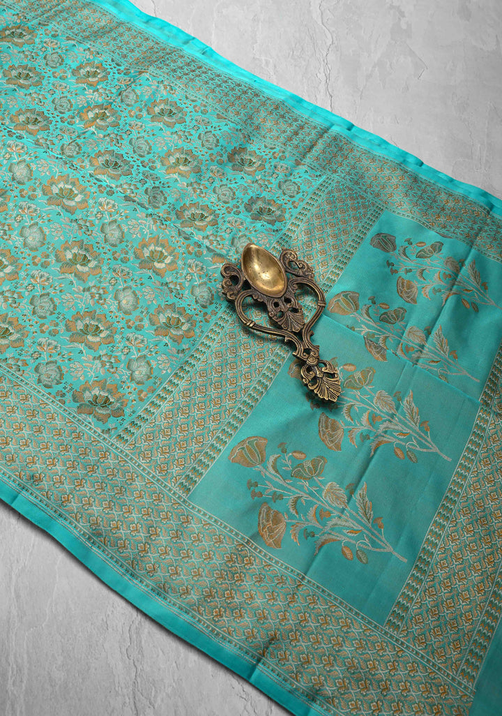 Turquoise Green Tanchoi Banarasi Satin Silk Saree with Floral Brocade | SILK MARK CERTIFIED