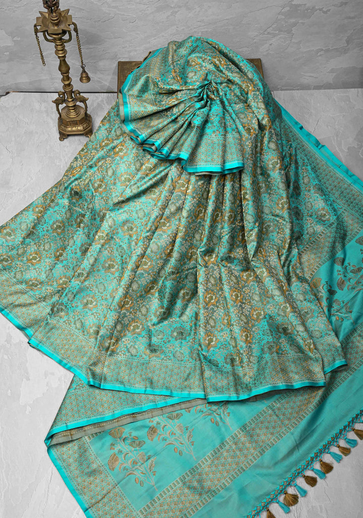 Turquoise Green Tanchoi Banarasi Satin Silk Saree with Floral Brocade | SILK MARK CERTIFIED