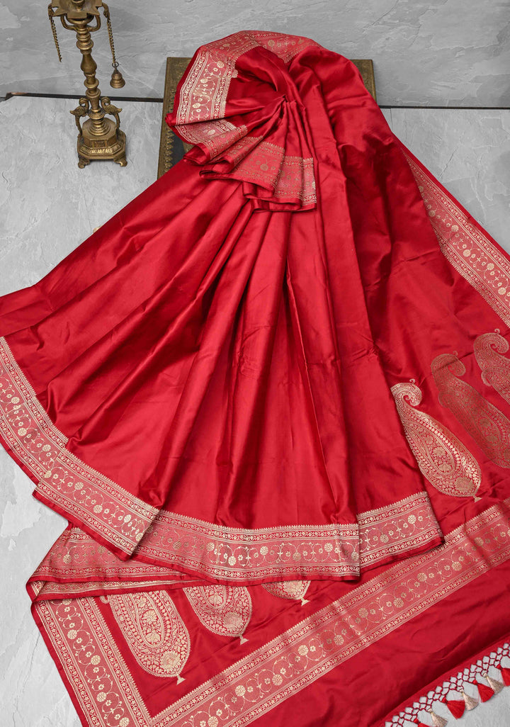 Blood Red Mashru Silk Saree with Zari Border | SILK MARK CERTIFIED