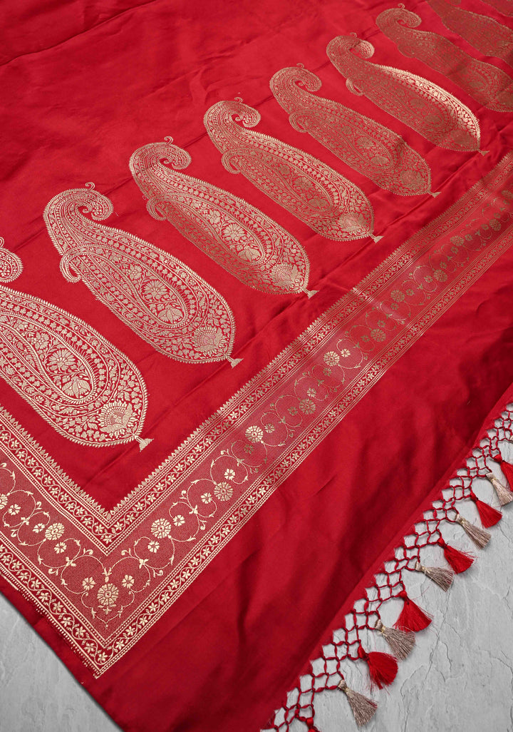 Blood Red Mashru Silk Saree with Zari Border | SILK MARK CERTIFIED