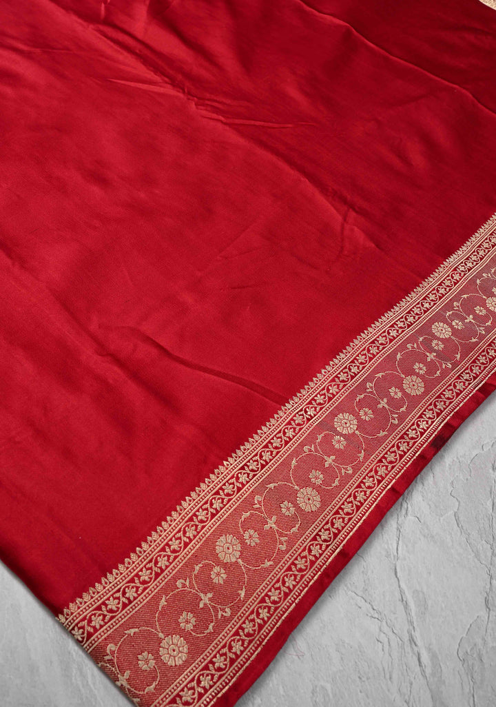 Blood Red Mashru Silk Saree with Zari Border | SILK MARK CERTIFIED