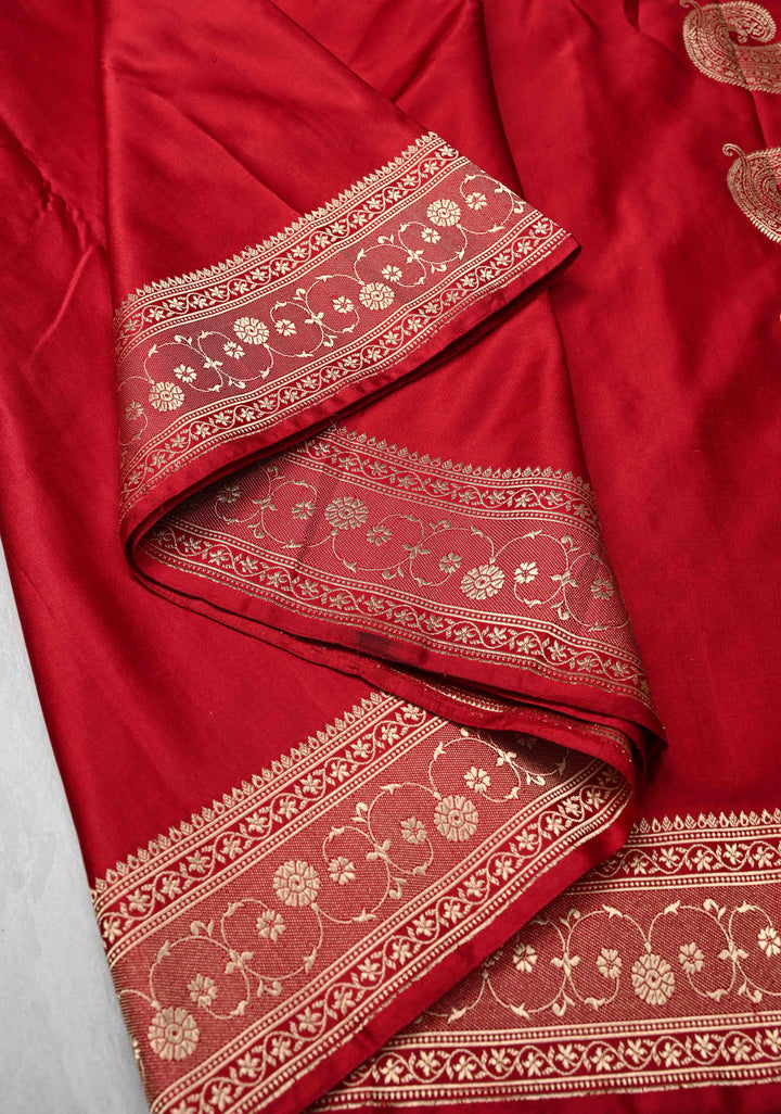 Blood Red Mashru Silk Saree with Zari Border | SILK MARK CERTIFIED