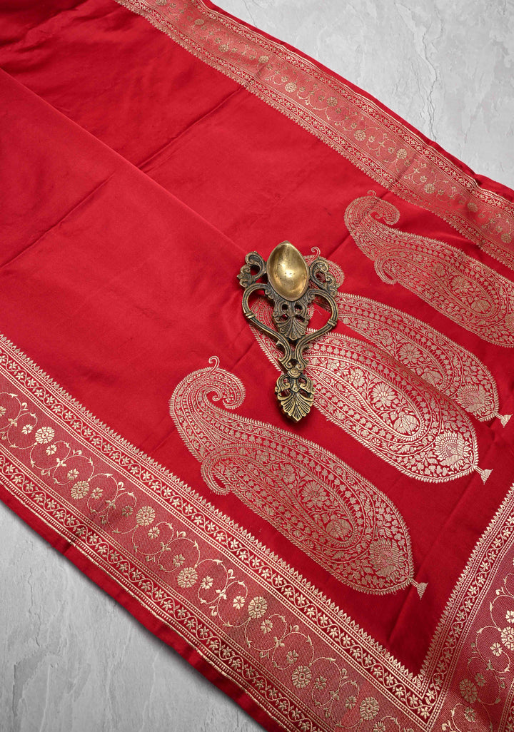Blood Red Mashru Silk Saree with Zari Border | SILK MARK CERTIFIED