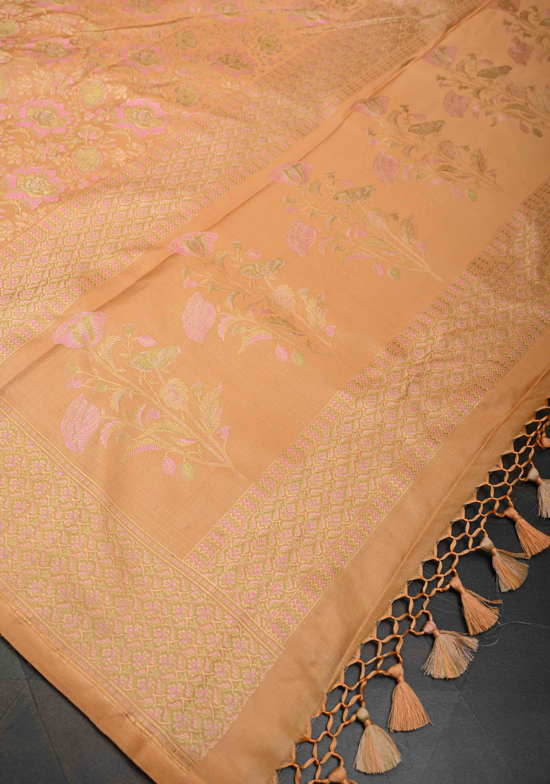 Dark Peach Tanchoi Banarasi Satin Silk Saree with Floral Brocade | SILK MARK CERTIFIED