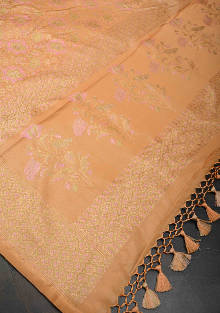 Dark Peach Tanchoi Banarasi Satin Silk Saree with Floral Brocade | SILK MARK CERTIFIED