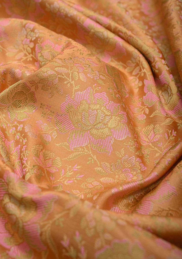 Dark Peach Tanchoi Banarasi Satin Silk Saree with Floral Brocade | SILK MARK CERTIFIED