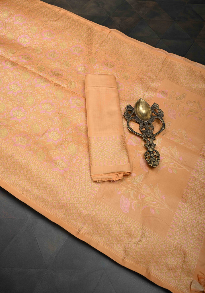 Dark Peach Tanchoi Banarasi Satin Silk Saree with Floral Brocade | SILK MARK CERTIFIED