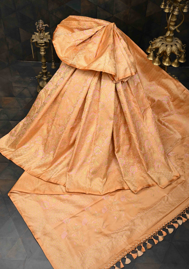 Dark Peach Tanchoi Banarasi Satin Silk Saree with Floral Brocade | SILK MARK CERTIFIED