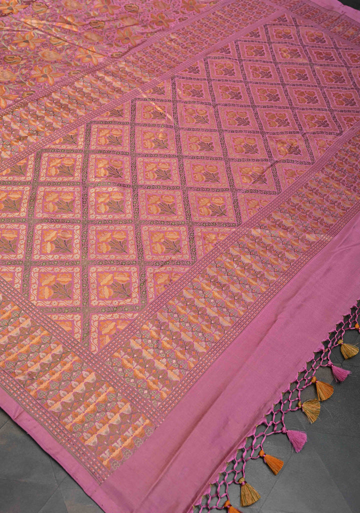 Tulip Pink Tanchoi Banarasi Satin Silk Saree with Floral Brocade Jaal | SILK MARK CERTIFIED