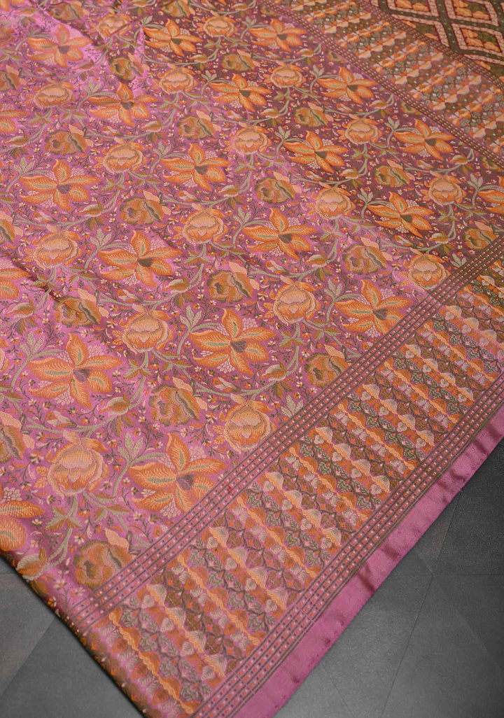 Tulip Pink Tanchoi Banarasi Satin Silk Saree with Floral Brocade Jaal | SILK MARK CERTIFIED
