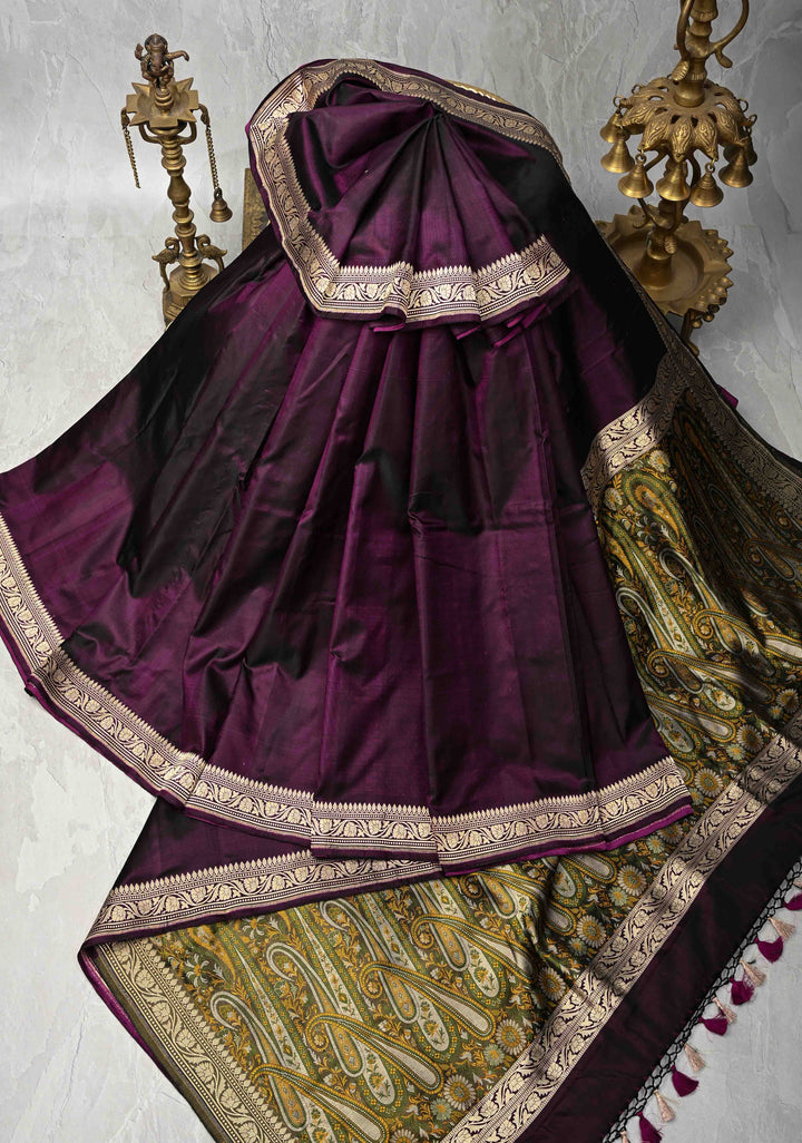 Purple Dual Tone Tanchoi Banarasi Saree in Pure Silk Satin and Zari Border | SILK MARK CERTIFIED