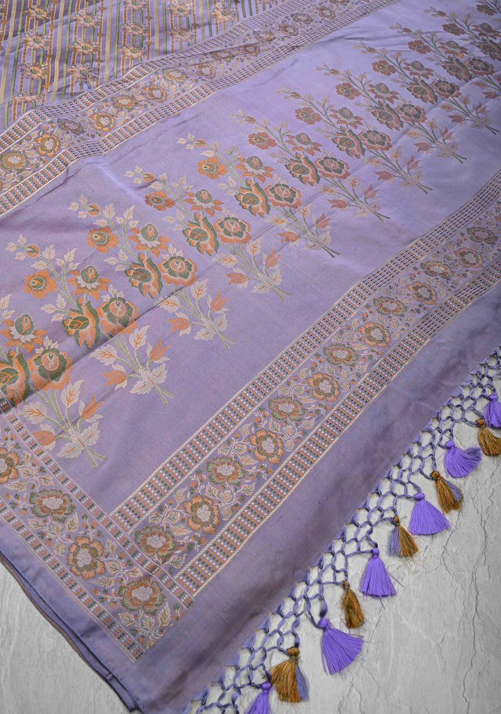 Tanchoi on Pure Banarasi Satin Silk in lavender with Floral Diagonal Stripes  | SILK MARK CERTIFIED