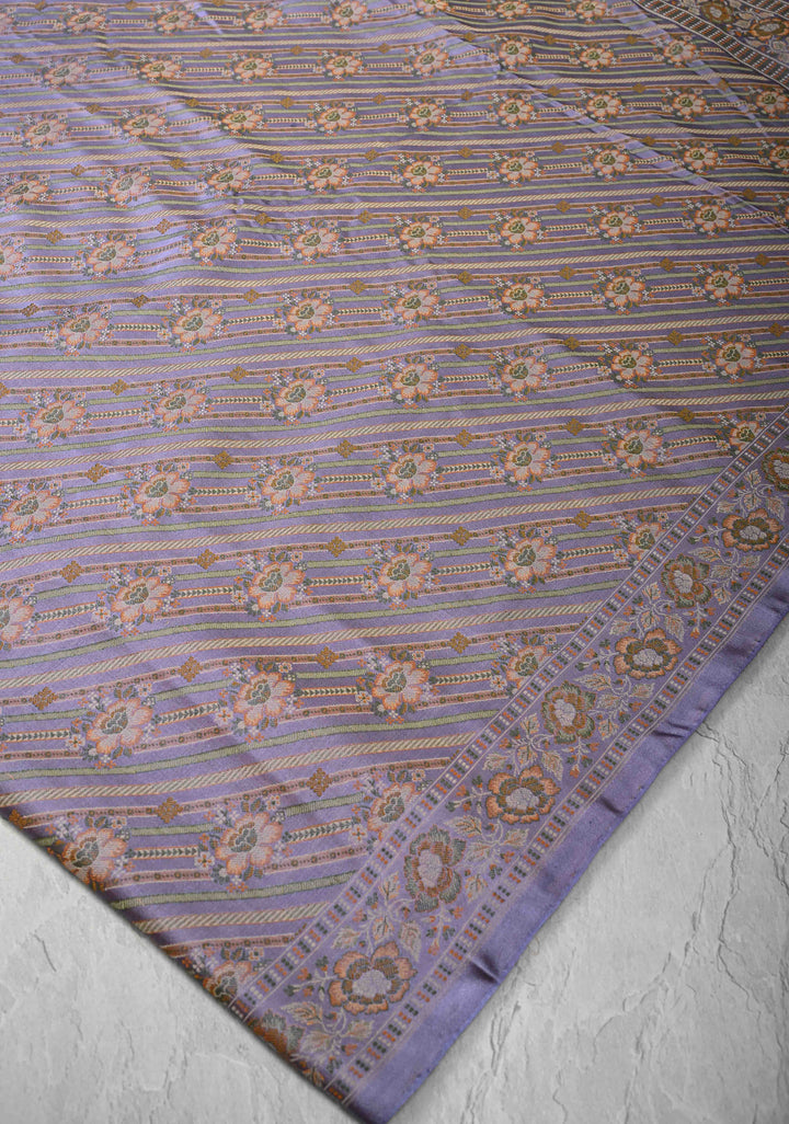 Tanchoi on Pure Banarasi Satin Silk in lavender with Floral Diagonal Stripes  | SILK MARK CERTIFIED