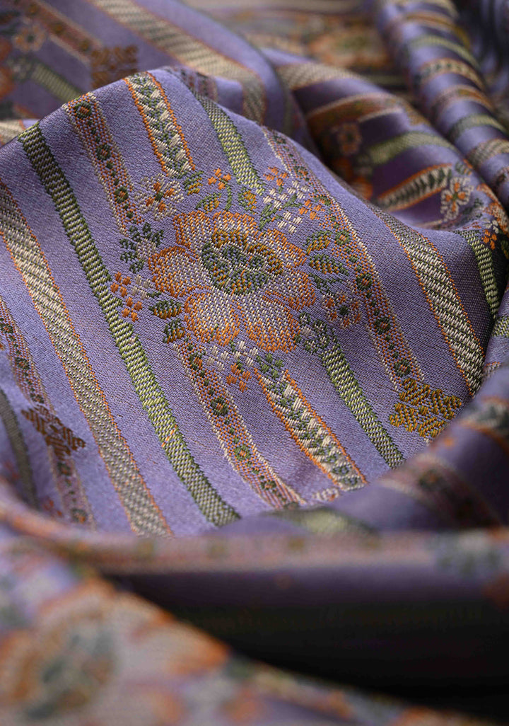 Tanchoi on Pure Banarasi Satin Silk in lavender with Floral Diagonal Stripes  | SILK MARK CERTIFIED