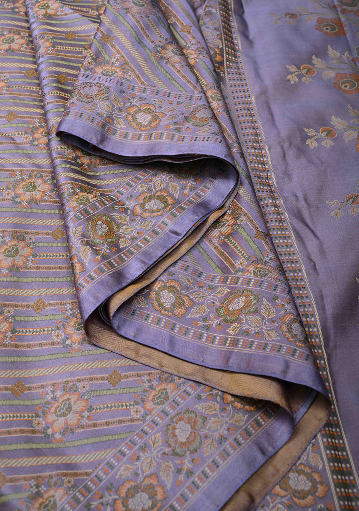 Tanchoi on Pure Banarasi Satin Silk in lavender with Floral Diagonal Stripes  | SILK MARK CERTIFIED