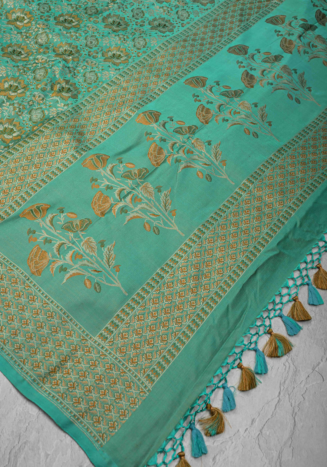 Turquoise Tanchoi Banarasi Satin Silk Saree with Floral Brocade Jaal | SILK MARK CERTIFIED