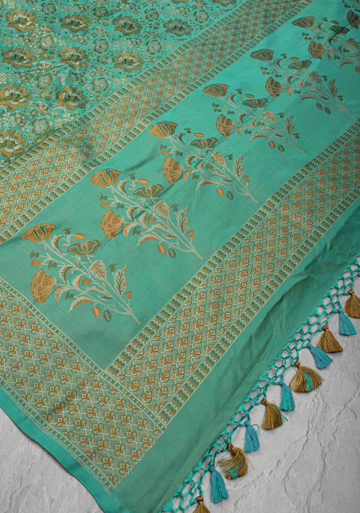 Turquoise Tanchoi Banarasi Satin Silk Saree with Floral Brocade Jaal | SILK MARK CERTIFIED