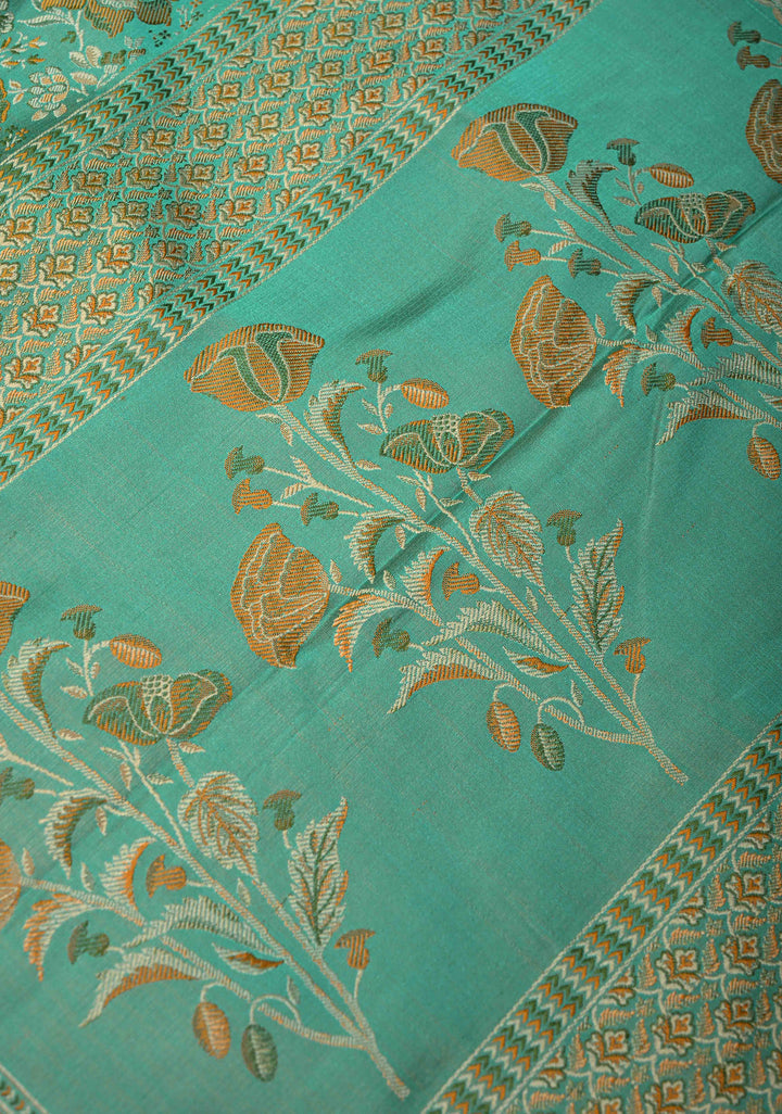 Turquoise Tanchoi Banarasi Satin Silk Saree with Floral Brocade Jaal | SILK MARK CERTIFIED