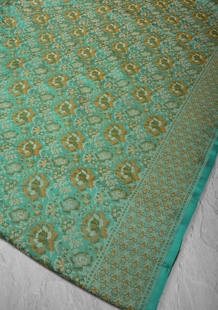 Turquoise Tanchoi Banarasi Satin Silk Saree with Floral Brocade Jaal | SILK MARK CERTIFIED