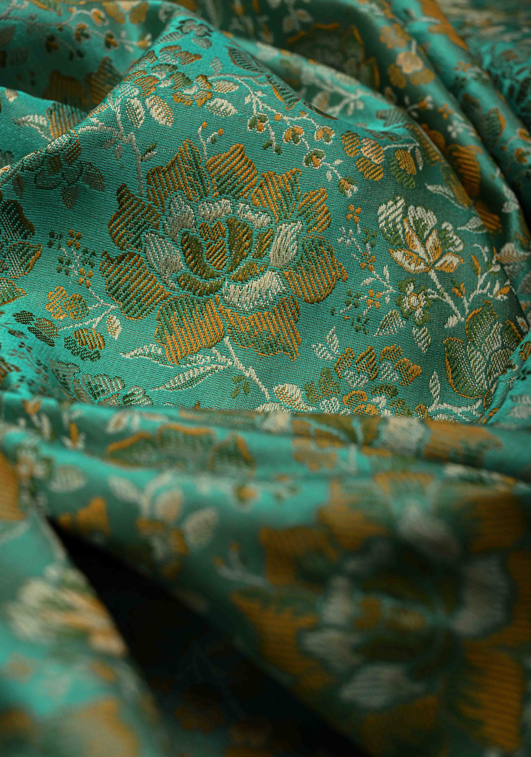 Turquoise Tanchoi Banarasi Satin Silk Saree with Floral Brocade Jaal | SILK MARK CERTIFIED