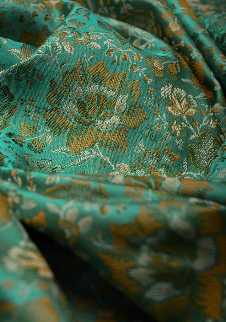 Turquoise Tanchoi Banarasi Satin Silk Saree with Floral Brocade Jaal | SILK MARK CERTIFIED
