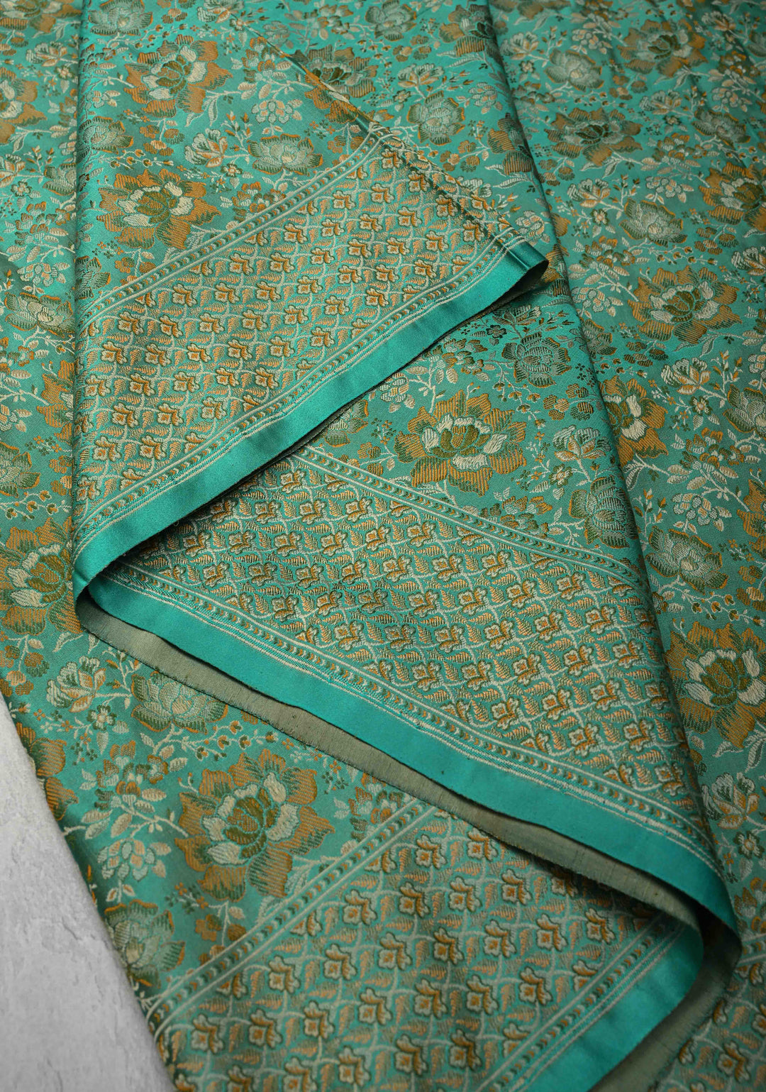 Turquoise Tanchoi Banarasi Satin Silk Saree with Floral Brocade Jaal | SILK MARK CERTIFIED