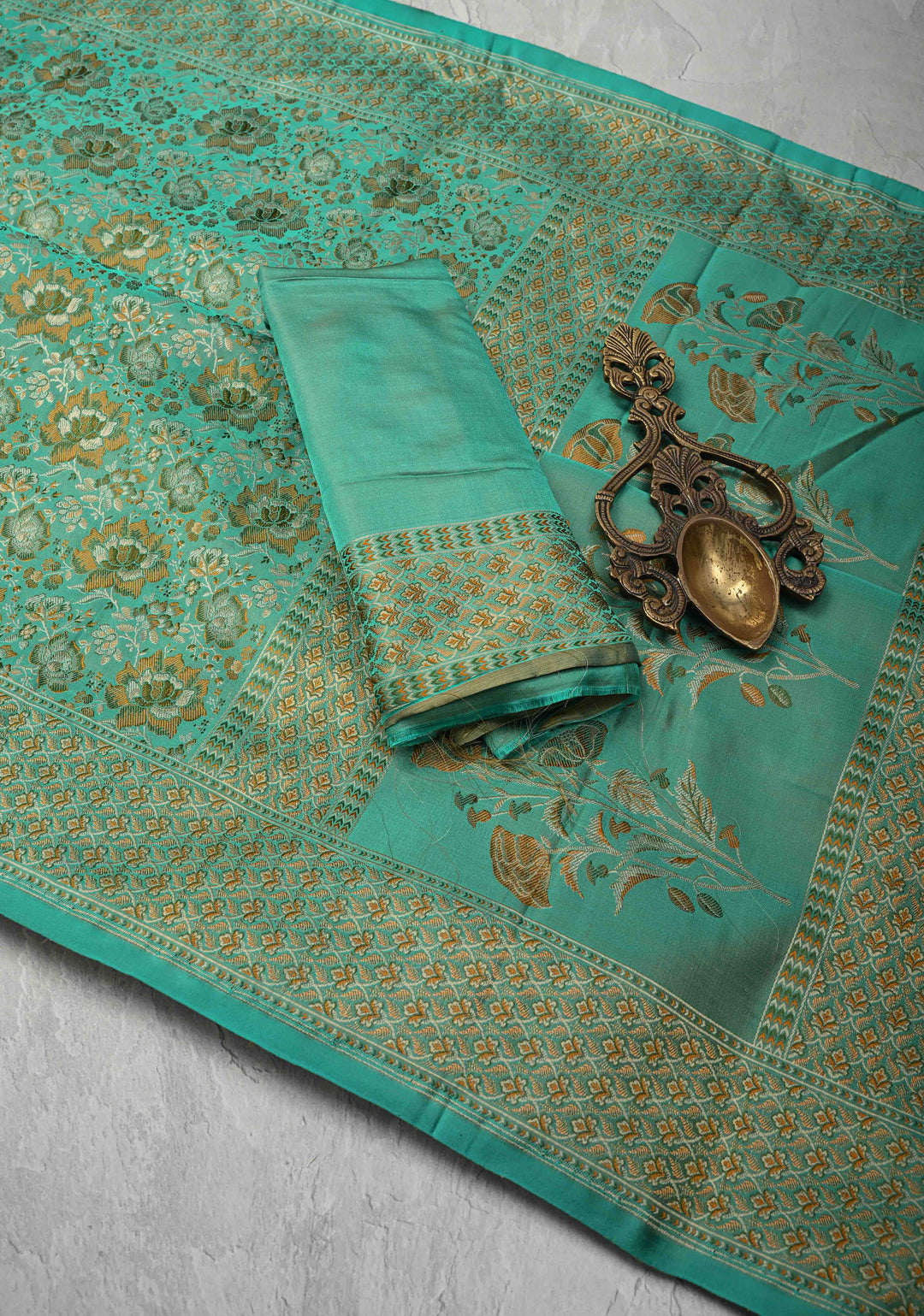 Turquoise Tanchoi Banarasi Satin Silk Saree with Floral Brocade Jaal | SILK MARK CERTIFIED