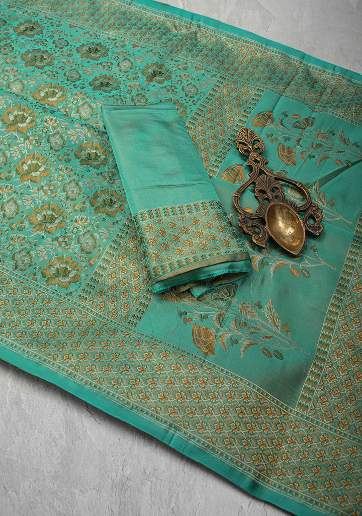 Turquoise Tanchoi Banarasi Satin Silk Saree with Floral Brocade Jaal | SILK MARK CERTIFIED
