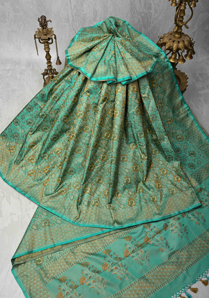 Turquoise Tanchoi Banarasi Satin Silk Saree with Floral Brocade Jaal | SILK MARK CERTIFIED