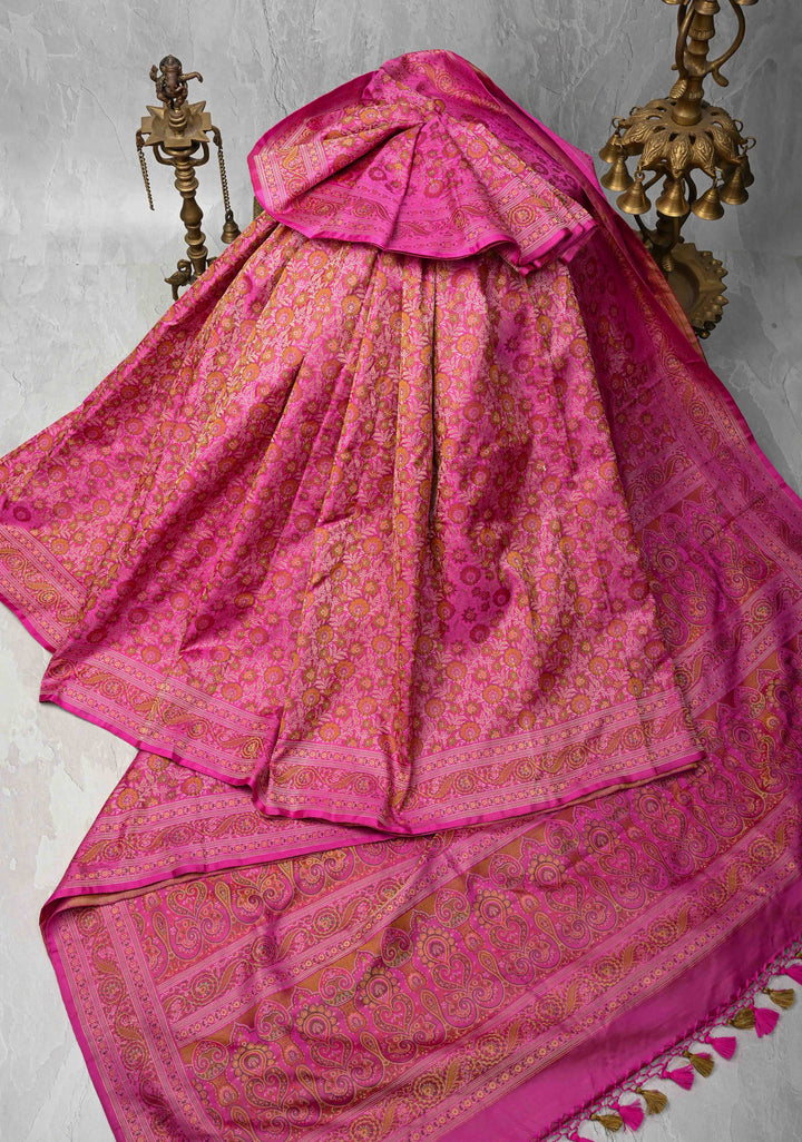French Rose Tanchoi Banarasi Satin Silk Saree with Floral Brocade Jaal | SILK MARK CERTIFIED