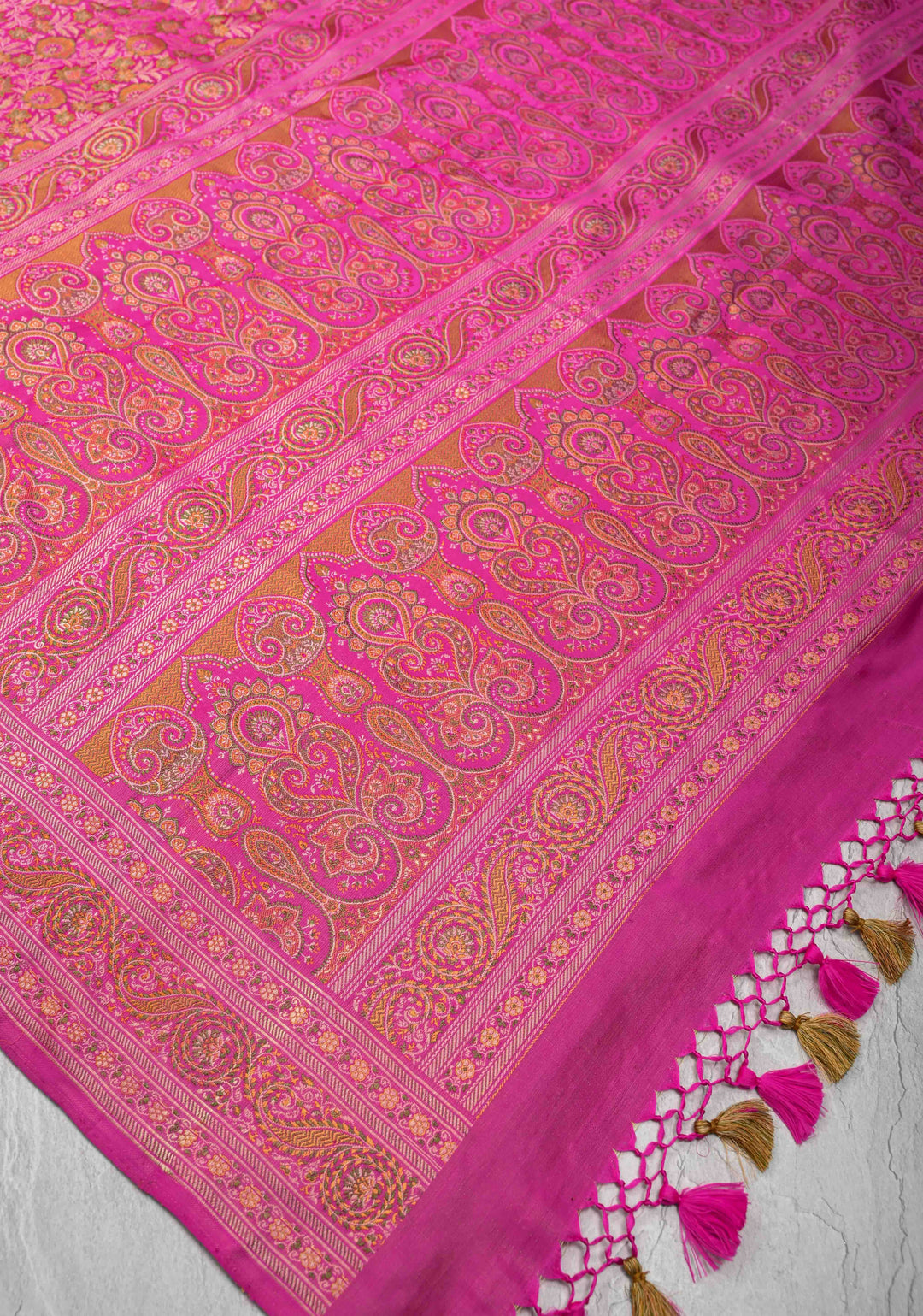 French Rose Tanchoi Banarasi Satin Silk Saree with Floral Brocade Jaal | SILK MARK CERTIFIED