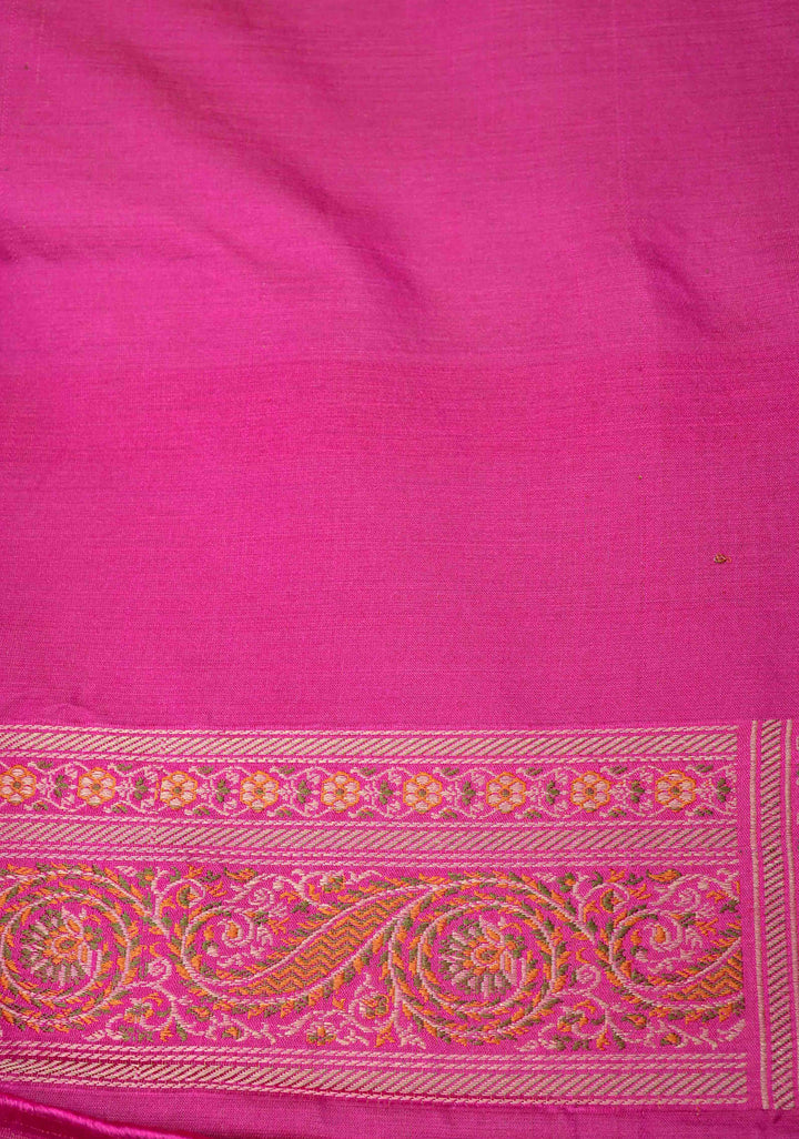 French Rose Tanchoi Banarasi Satin Silk Saree with Floral Brocade Jaal | SILK MARK CERTIFIED