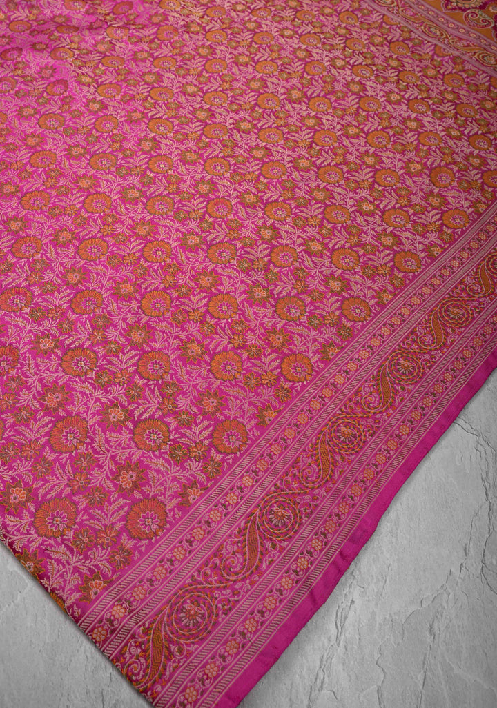 French Rose Tanchoi Banarasi Satin Silk Saree with Floral Brocade Jaal | SILK MARK CERTIFIED