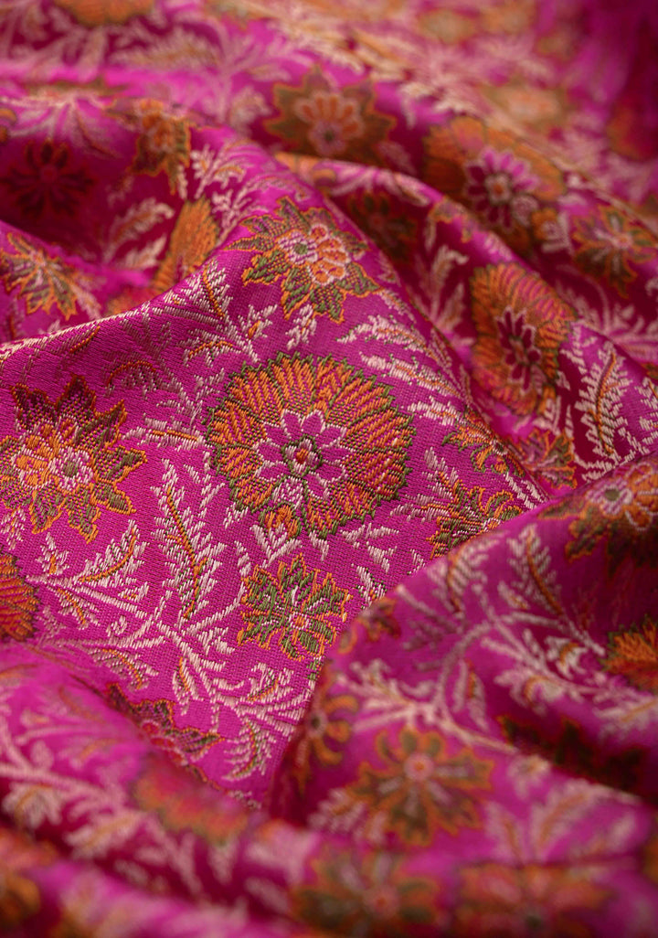 French Rose Tanchoi Banarasi Satin Silk Saree with Floral Brocade Jaal | SILK MARK CERTIFIED