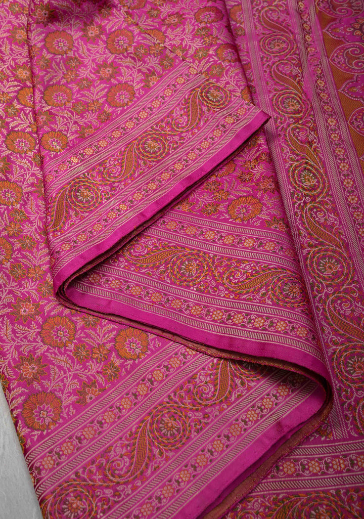 French Rose Tanchoi Banarasi Satin Silk Saree with Floral Brocade Jaal | SILK MARK CERTIFIED