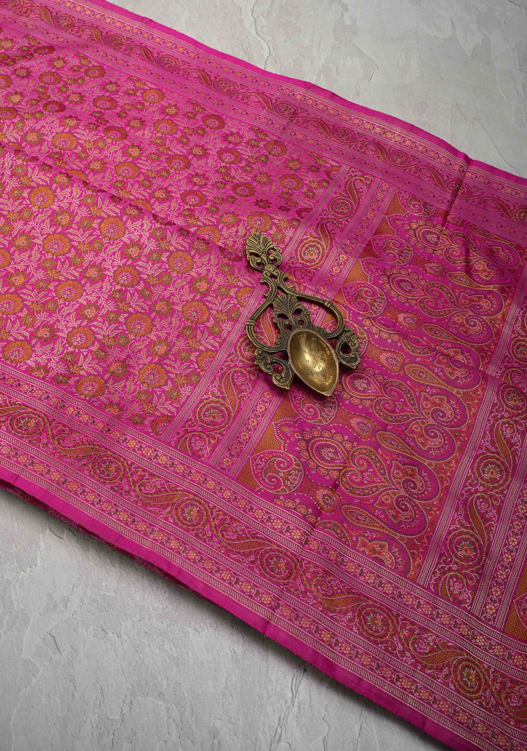 French Rose Tanchoi Banarasi Satin Silk Saree with Floral Brocade Jaal | SILK MARK CERTIFIED