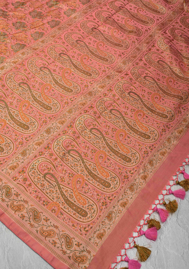 Salmon Tanchoi Banarasi Satin Silk Saree with Floral Brocade Jaal | SILK MARK CERTIFIED
