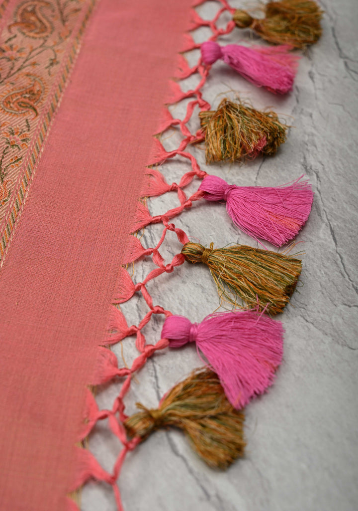 Salmon Tanchoi Banarasi Satin Silk Saree with Floral Brocade Jaal | SILK MARK CERTIFIED