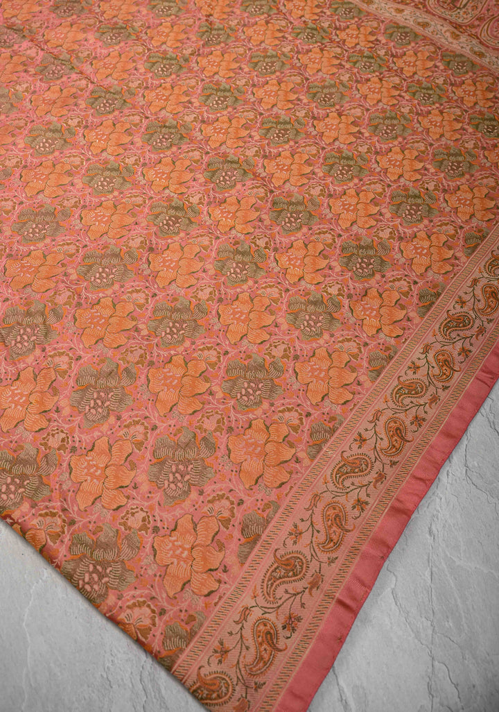 Salmon Tanchoi Banarasi Satin Silk Saree with Floral Brocade Jaal | SILK MARK CERTIFIED