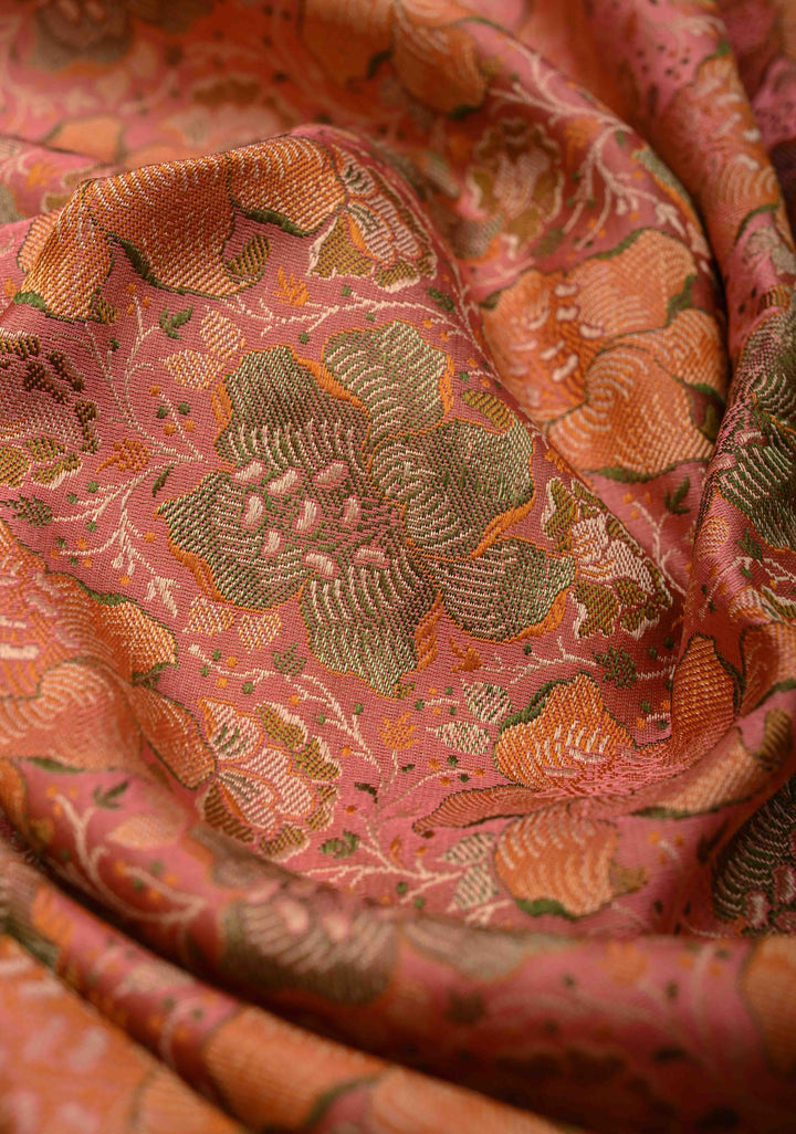 Salmon Tanchoi Banarasi Satin Silk Saree with Floral Brocade Jaal | SILK MARK CERTIFIED