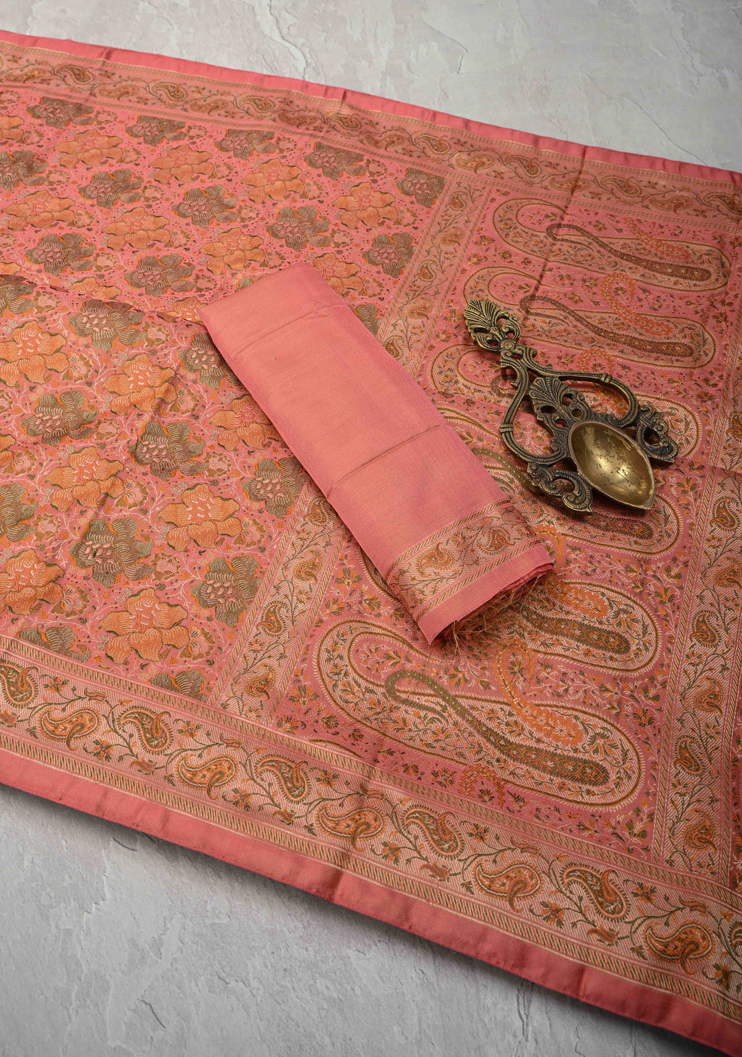 Salmon Tanchoi Banarasi Satin Silk Saree with Floral Brocade Jaal | SILK MARK CERTIFIED