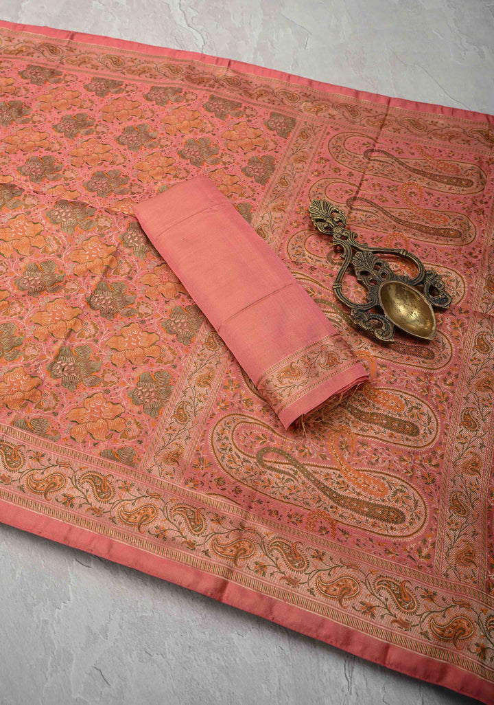 Salmon Tanchoi Banarasi Satin Silk Saree with Floral Brocade Jaal | SILK MARK CERTIFIED