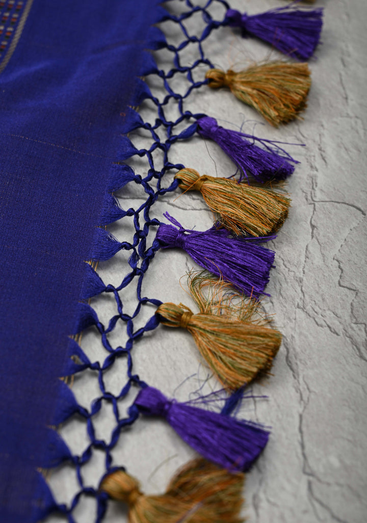 Tanchoi on Pure Banarasi Satin Silk in Blue with Floral Diagonal Stripes  | SILK MARK CERTIFIED