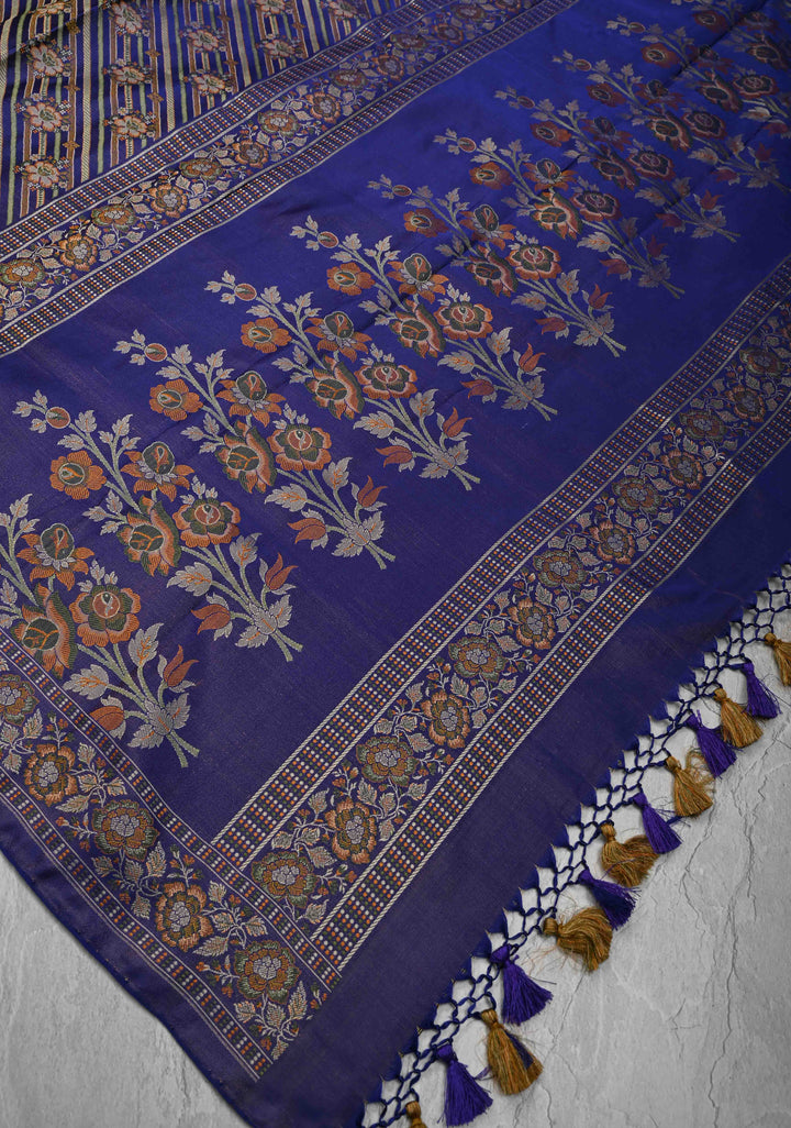 Tanchoi on Pure Banarasi Satin Silk in Blue with Floral Diagonal Stripes  | SILK MARK CERTIFIED