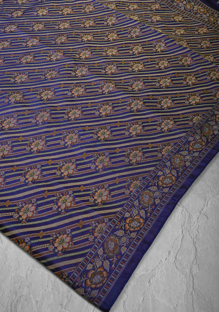 Tanchoi on Pure Banarasi Satin Silk in Blue with Floral Diagonal Stripes  | SILK MARK CERTIFIED