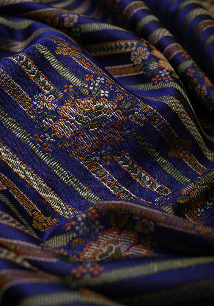 Tanchoi on Pure Banarasi Satin Silk in Blue with Floral Diagonal Stripes  | SILK MARK CERTIFIED