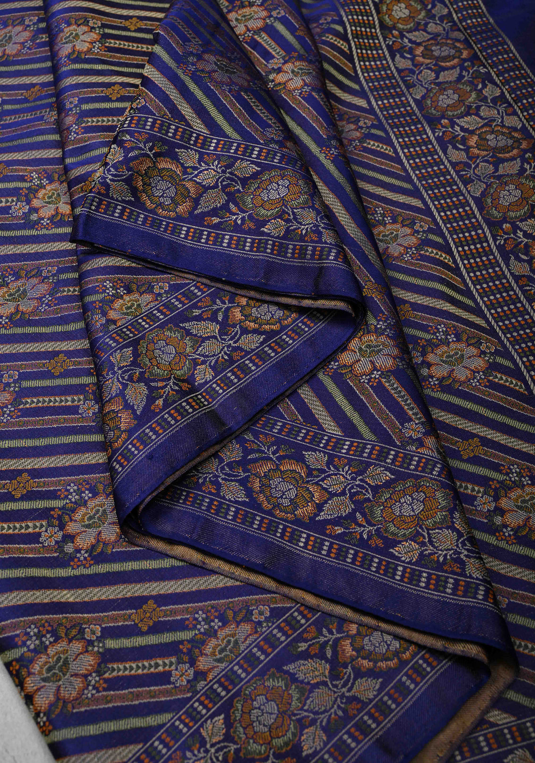 Tanchoi on Pure Banarasi Satin Silk in Blue with Floral Diagonal Stripes  | SILK MARK CERTIFIED