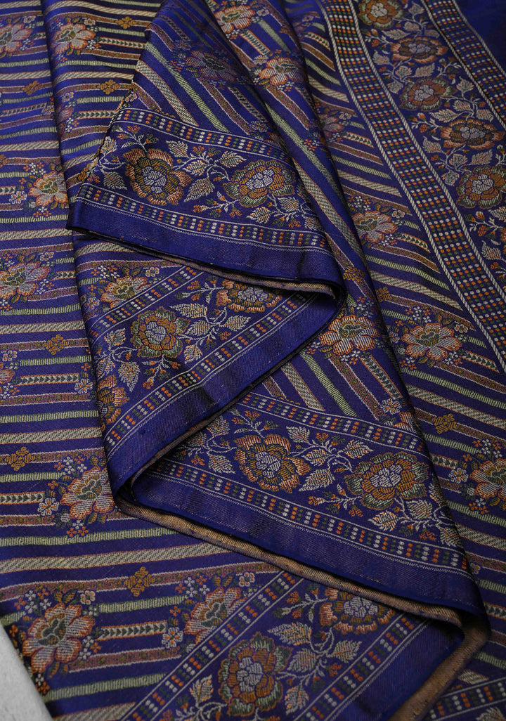 Tanchoi on Pure Banarasi Satin Silk in Blue with Floral Diagonal Stripes  | SILK MARK CERTIFIED