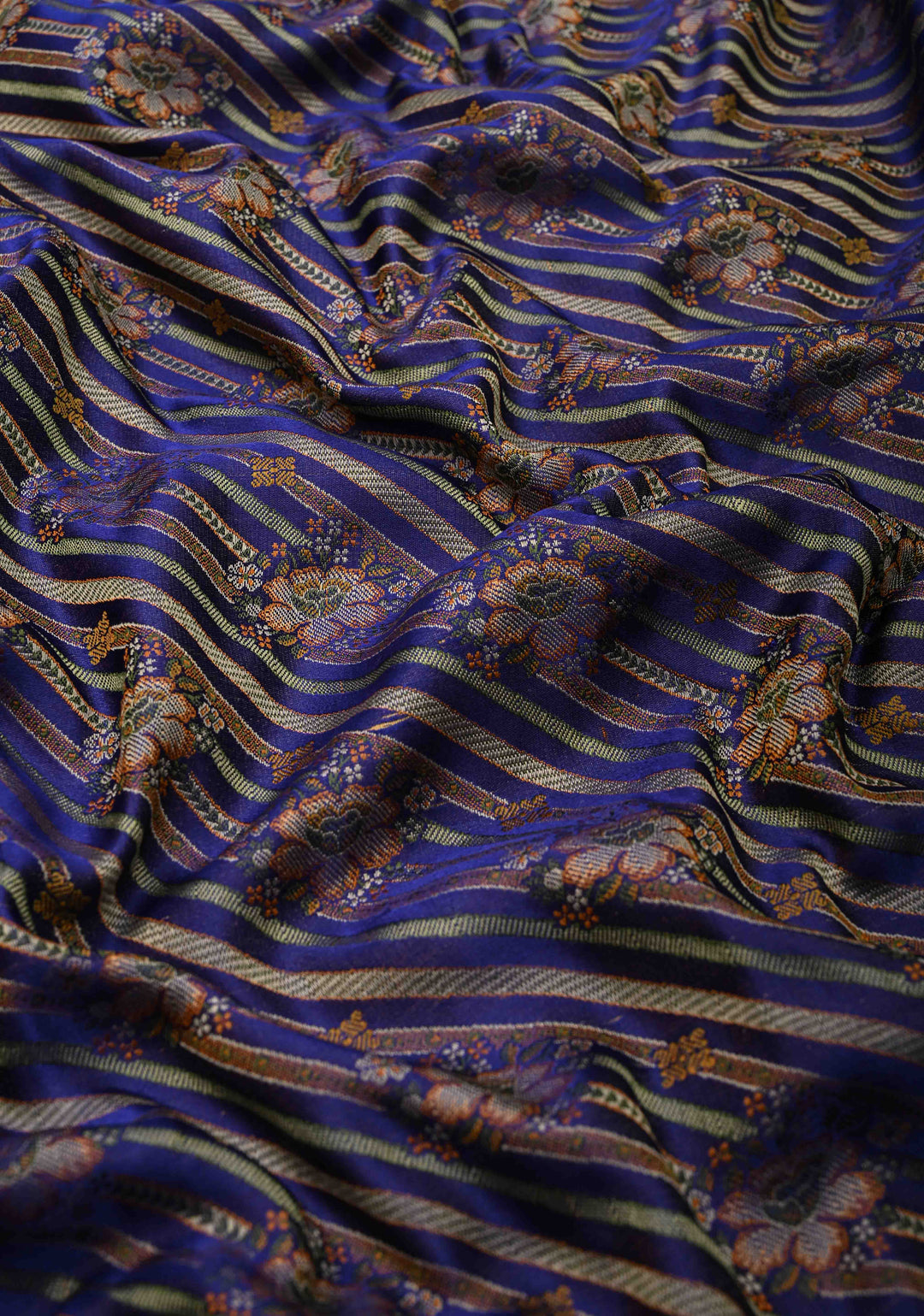 Tanchoi on Pure Banarasi Satin Silk in Blue with Floral Diagonal Stripes  | SILK MARK CERTIFIED