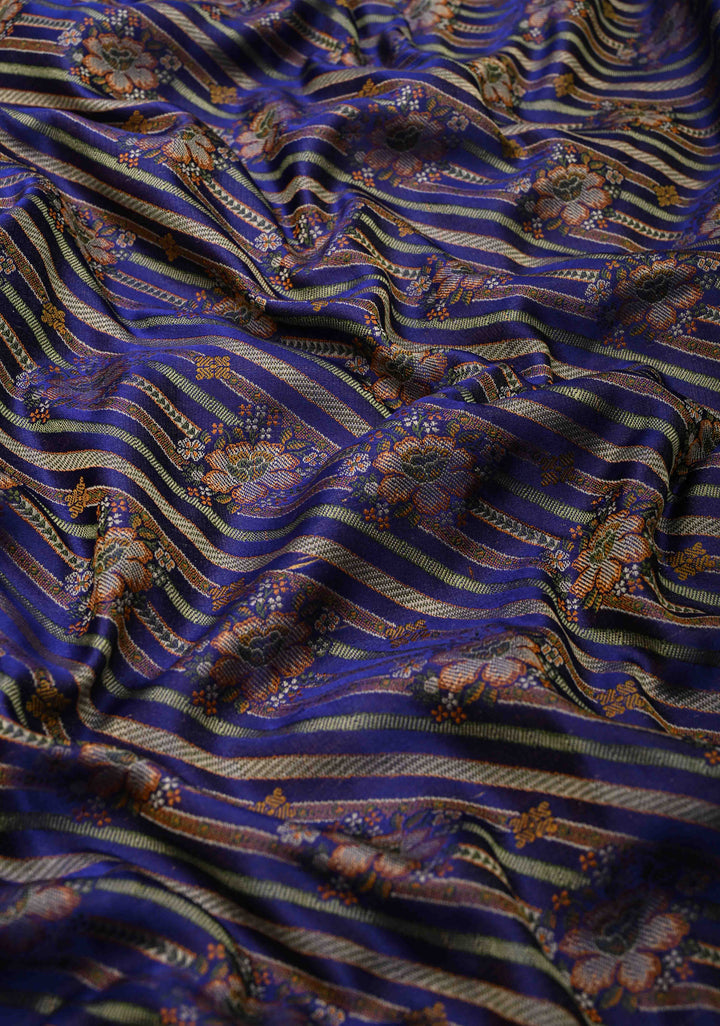Tanchoi on Pure Banarasi Satin Silk in Blue with Floral Diagonal Stripes  | SILK MARK CERTIFIED